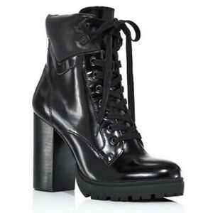 Aqua  Laker Black Leather Moto Hiker Lug Sole Heel Booties